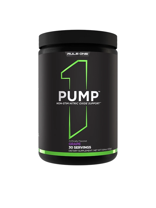 Black supplement container labeled 'Rule One Pump' on a white background