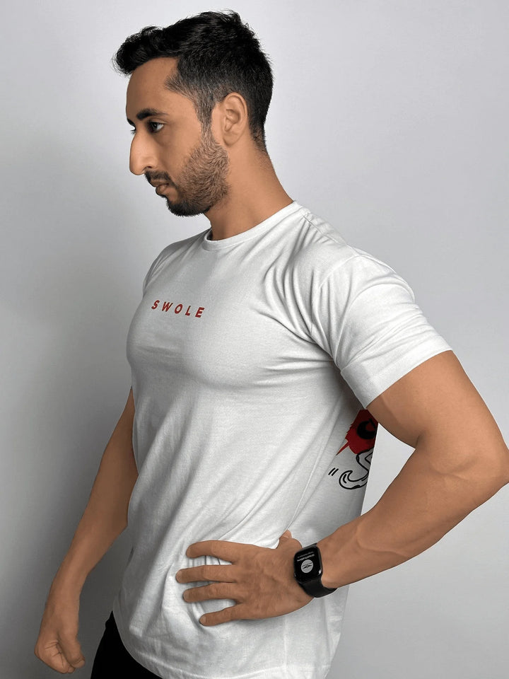 A plain white t-shirt featuring a subtle smoke design, showcasing a modern and minimalist aesthetic.