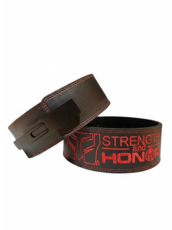 Brown leather belt with red text on a white background